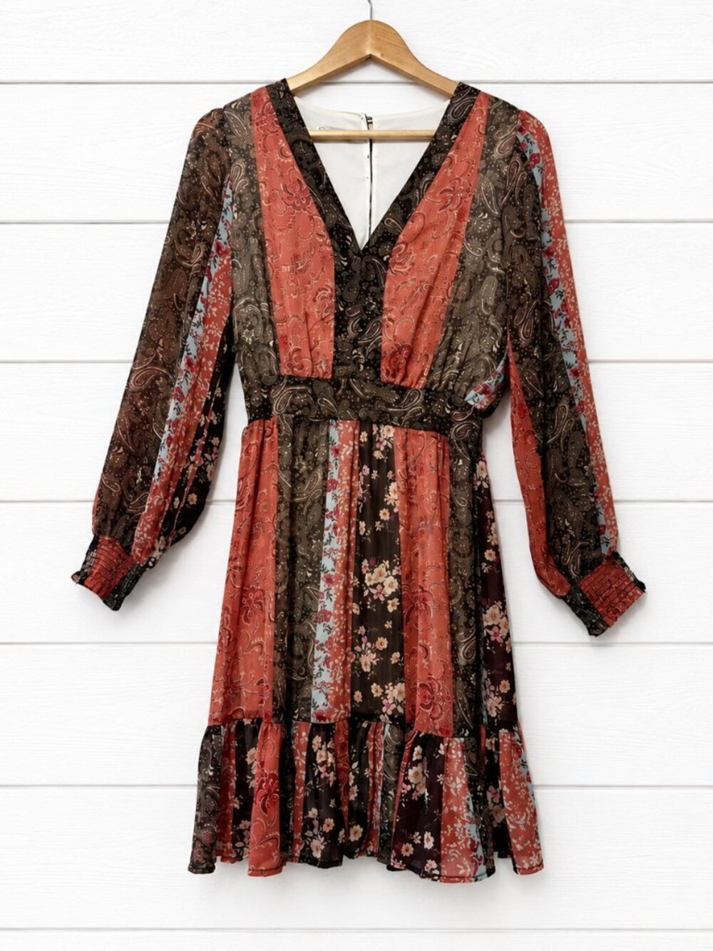 Dex Boho Paisley Floral Mini Dress Size Small Long Sleeve Prairie Cottagecore